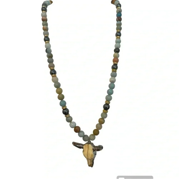 High End Kristalize Gemstones Bull Skull Long Necklace - Picture 1 of 1